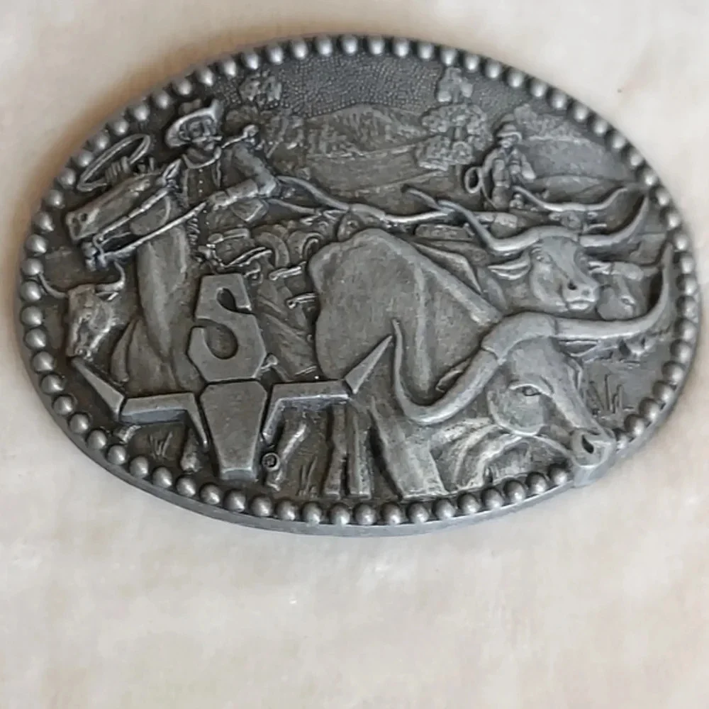 Vintage Silver Pewter‎ Western Cattle Drive Belt Buckle Zee Series